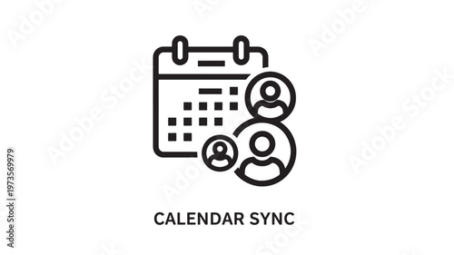 A line art style icon depicting a calendar with syncing people, representing business organization and scheduling. Ideal for marketing, advertising, and technology-related projects.