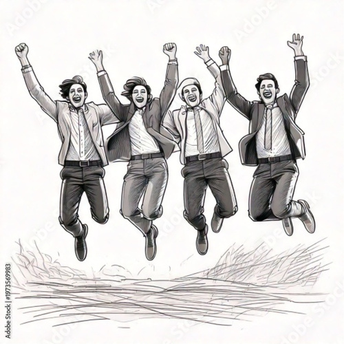 Four men jumping in the air with excitement and joy.