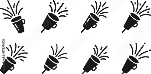 Festive party popper icons set black silhouette illustrations for celebrations events and holiday designs