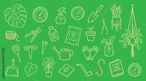 Gardening tools and supplies illustration on green background for plant care and home gardening enthusiasts