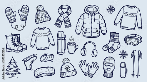 Collection of winter clothing and accessories for cold weather activities and sports, hand-drawn illustration style