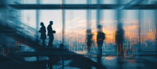 Silhouettes of business people standing by a large window overlooking a city at sunset.