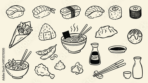 Hand drawn doodle collection of japanese food and drinks including sushi ramen dumplings and soy sauce on a light background