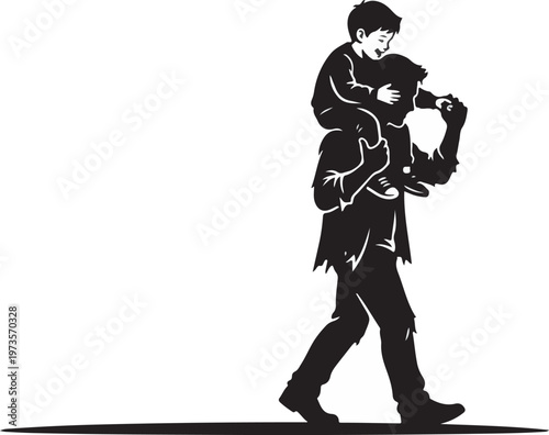 Silhouette of a proud little boy sitting on his father’s shoulders while walking, concept of trust, support, and father-son bond.