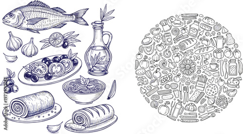 Hand-Drawn Food Set with Fish, Rolls, and Mediterranean Dishes for Culinary and Restaurant Illustrations