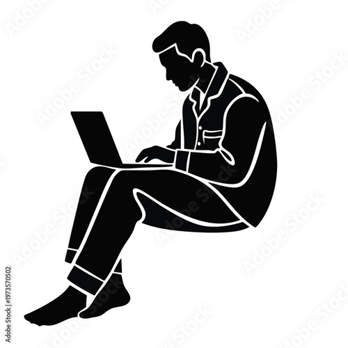 Man in pajamas working on a laptop from home. Remote work and freelance concept. Black and white vector illustration