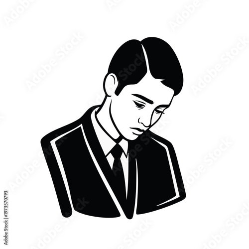 Portrait of a sad businessman in a suit. Work stress and business failure concept. Black and white vector illustration