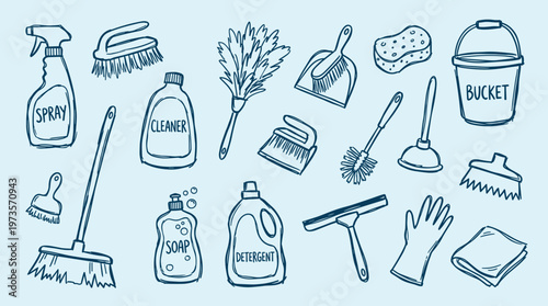 Collection of hand-drawn cleaning supplies and tools for household chores and home hygiene, isolated on a light blue background, representing cleanliness and tidiness.