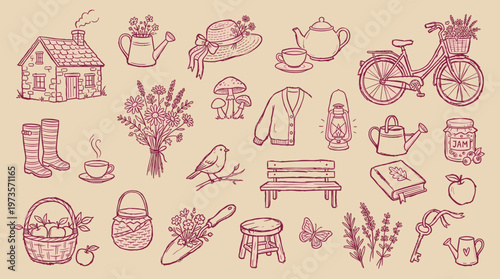 Charming hand drawn sketch collection of garden and cottage life elements in a rustic vintage style perfect for scrapbooking or country decor