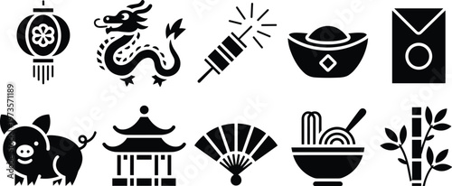 Chinese culture icons silhouette, lantern dragon firecracker, gold ingot sycee, red envelope pig pagoda, fan noodles bamboo illustration