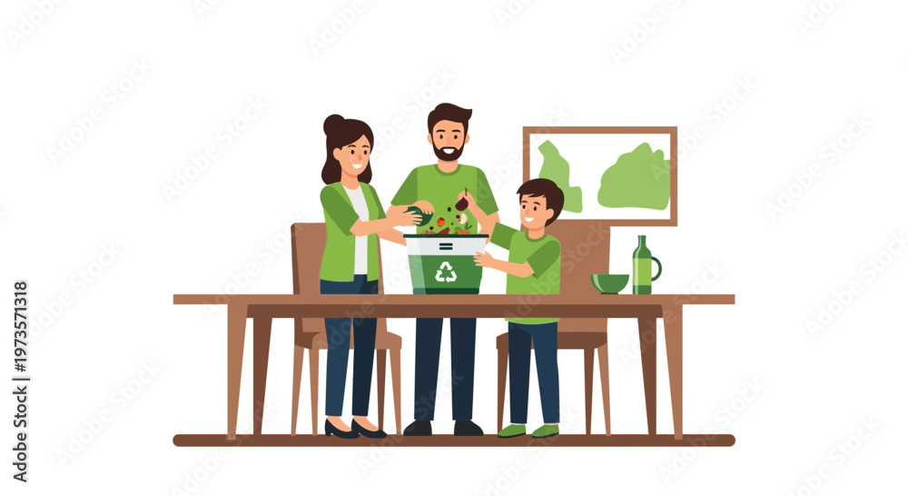 Fototapeta premium Family Recycling Food Scraps for Composting at Home