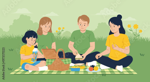 Family picnic in the park, enjoying food and nature on a sunny day.