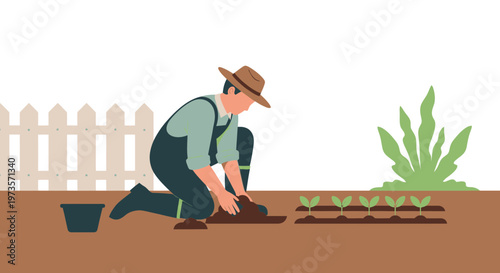 Farmer planting seedlings in a garden, tending to young plants with care