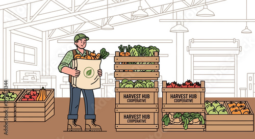 Farmer carrying fresh produce in a warehouse, Harvest Hub Cooperative