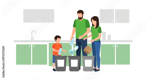 Family Recycling Plastic Bottles and Cardboard in Kitchen