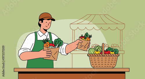 Farmer selling fresh organic vegetables at a market stall, healthy food concept