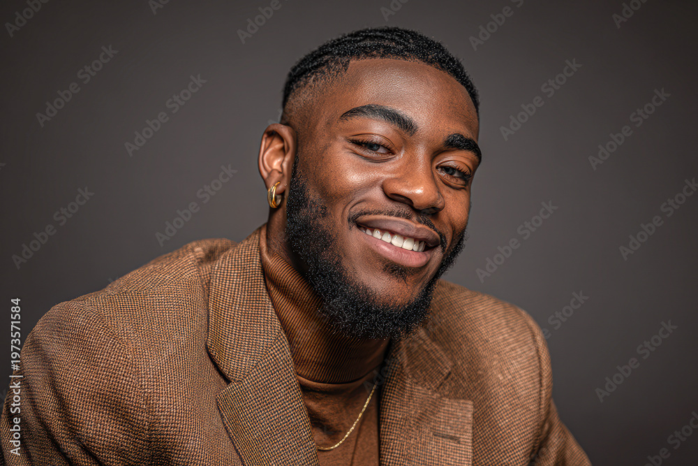 Fototapeta premium Smiling man in a brown blazer with a short beard and earring, posing confidently against a plain dark background.