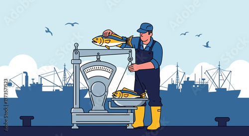 Fisherman weighing fresh tuna fish on a scale at a busy harbor with ships in the background
