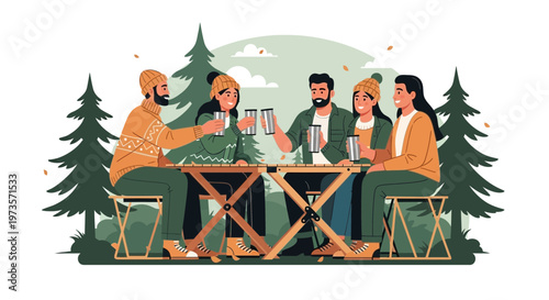 Friends enjoying drinks and conversation at a picnic table in a forest setting.