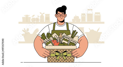 Friendly Grocer Holding Basket of Fresh Organic Produce, Healthy Food Concept