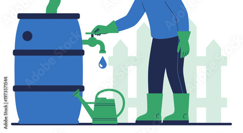 Gardener collecting rainwater from a barrel into a watering can for plants