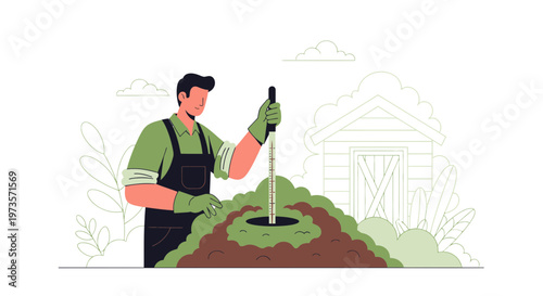 Gardener planting in fertile soil, tending to a lush green garden with a shed in background