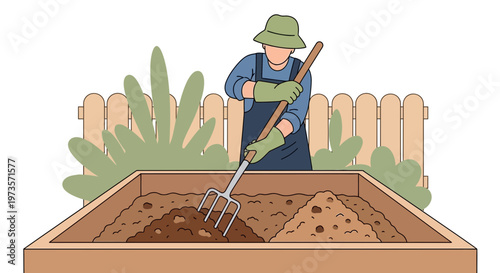 Gardener mixing soil in a raised garden bed with a pitchfork, preparing for planting.