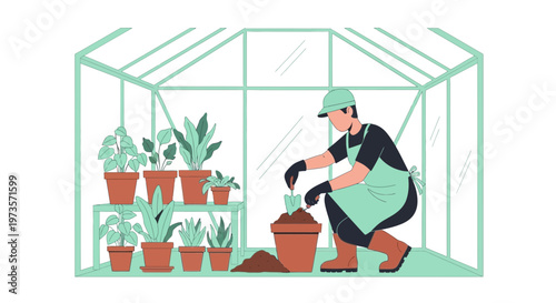 Gardener planting in greenhouse with potted plants, nurturing greenery, hobby and leisure