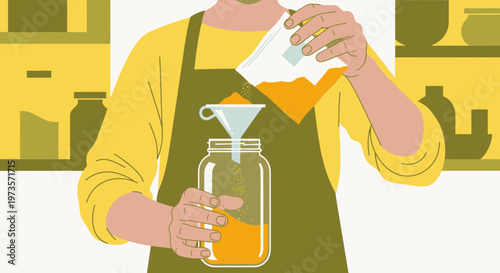 Home canning process: pouring liquid into a jar with a funnel, preparing food for preservation.