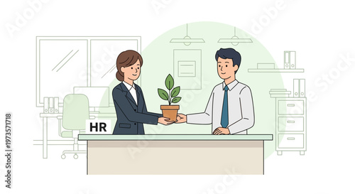 HR professional gives a potted plant to an employee, symbolizing growth and care in the workplace.