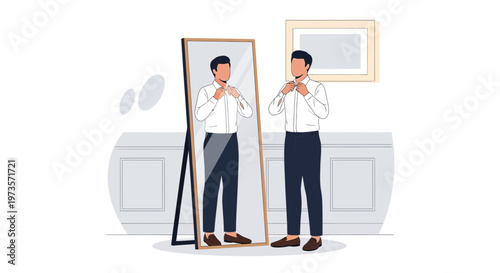 Man Adjusting Tie in Front of Mirror, Elegant Style, Preparation for Event