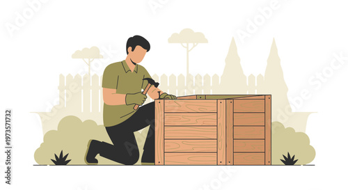 Man building wooden crate outdoors, DIY project, home improvement, woodworking hobby