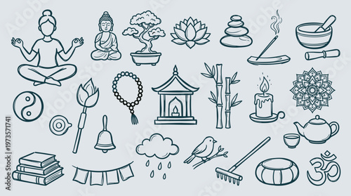 Collection of spiritual and meditation icons and symbols for wellness and mindfulness practices