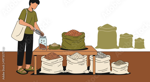 Man buying grains from sacks at a market stall, bulk food shopping, healthy eating concept