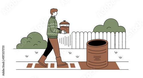 Man carrying compost bin to garden bin for composting in backyard