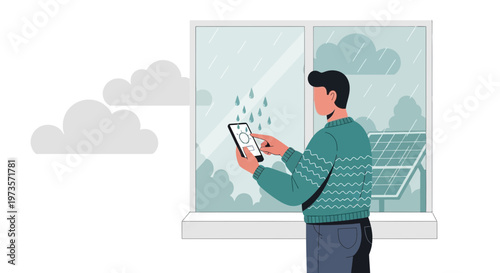 Man checks weather app on phone, rain outside, solar panels, smart home concept