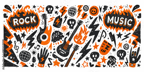 Vibrant doodle illustration celebrating rock music and rebellious energy