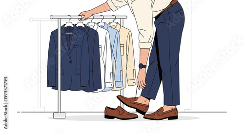 Man choosing outfit from wardrobe, selecting smart casual attire for work or event