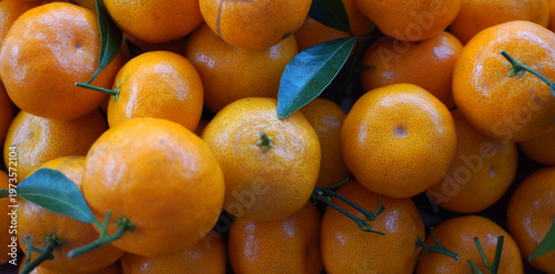 Top view of a pile of fresh orange mandarin oranges with green leaves. Full frame background of ripe sweet tangerines or clementines, ideal for healthy food and harvest concepts. jeruk santang madu