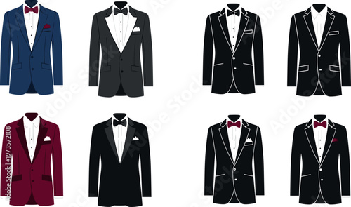 Men tuxedo suits collection with bow ties formal evening wear elegant vector illustration classic fashion isolated background