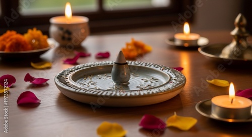 Serene Still Life: Incense Holder, Candles, and Flower Petals on Wooden Table