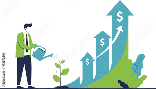 Investment Growth Illustration: A visual metaphor of investment growth, depicting a person nurturing a growing plant with financial arrows pointing upwards.