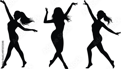Dancing silhouette figures illustration, dynamic movement poses, expressive rhythm art, flowing hair motion design, black and white style