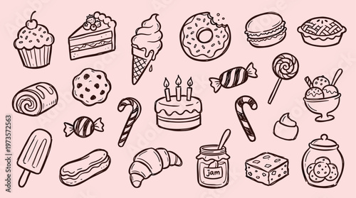 Doodle illustration of various sweet desserts and treats like cupcakes, cake slices, ice cream, donuts, macarons, pies, cookies and candy on a pink background