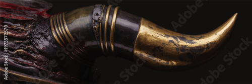 Dark fantasy close up of ancient golden horn with bloodied organic texture on black background, dramatic gothic illustration