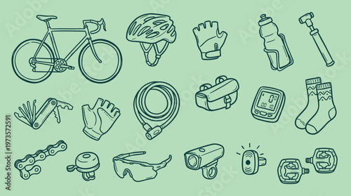 Collection of cycling gear and accessories for road biking and outdoor adventures, essential equipment for cyclists