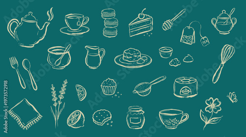 Chalkboard style illustration of tea time elements including teapot cups pastries and baking tools on a dark teal background