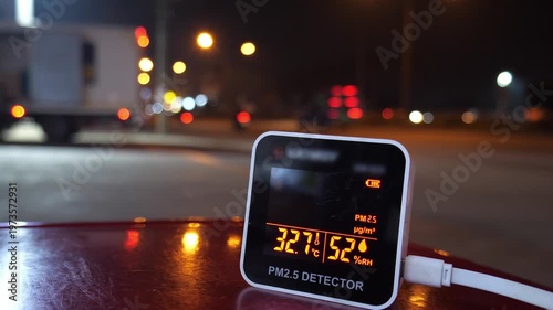 Digital PM 2.5 detector showing unhealthy air pollution levels with city traffic light bokeh background at night