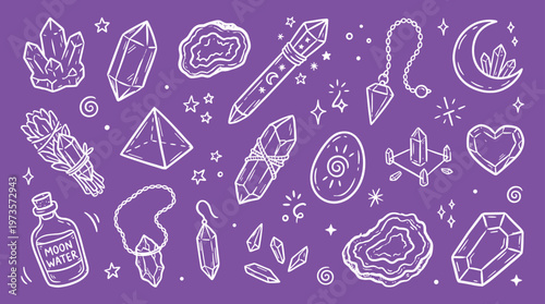Esoteric symbols and crystals collection for spiritual healing and witchcraft practices on a purple background
