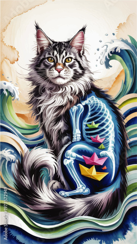Surreal cat illustration with x ray skeleton and colorful paper boats on ocean wave background, vibrant fantasy animal art